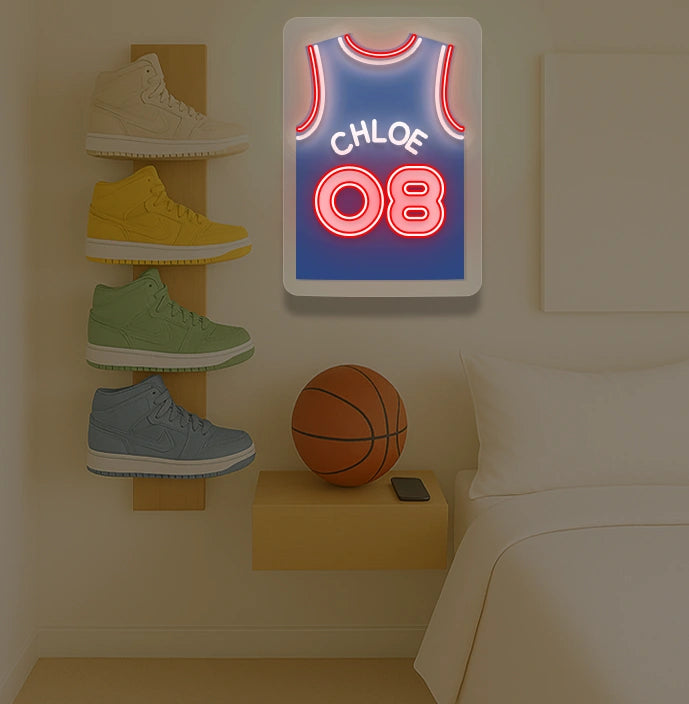 Philadelphia basketball jersey neon sign with CHLOE 08 in red and blue, stylish bedroom sneaker display and basketball decor