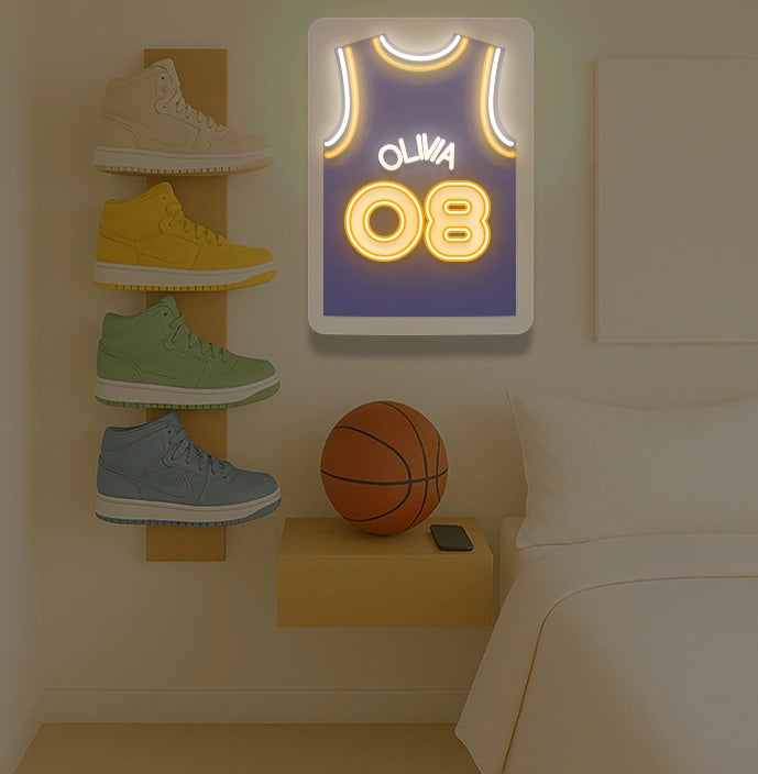 Phoenix basketball jersey neon sign with OLIVIA 08 in yellow and purple, bedroom decor with sneaker rack and basketball