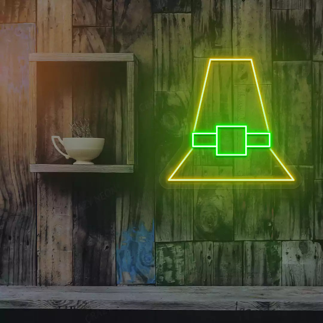 Pilgrim hat neon sign in orange and green