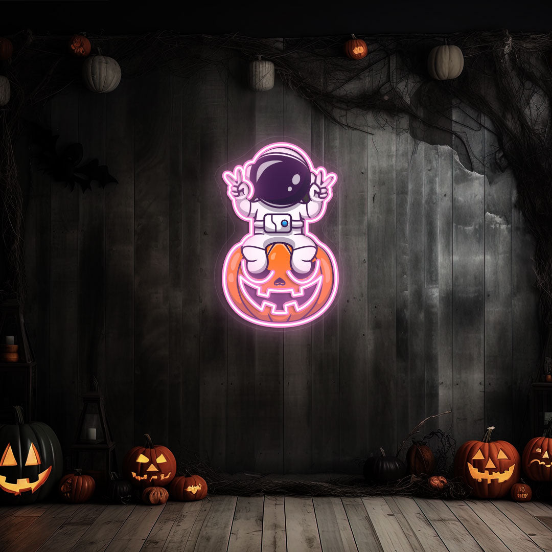 Astronaut On Pumpkin Neon Artwork | Pink