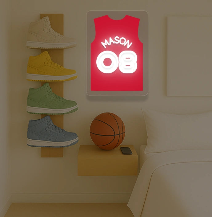 Portland basketball jersey neon sign with MASON 08 in white and red, bedroom sneaker rack and basketball decor