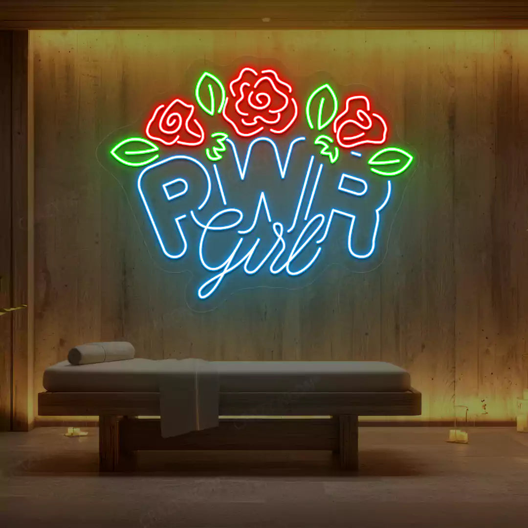 Ice blue PWR Girl Floral neon sign glowing on a wooden wall
