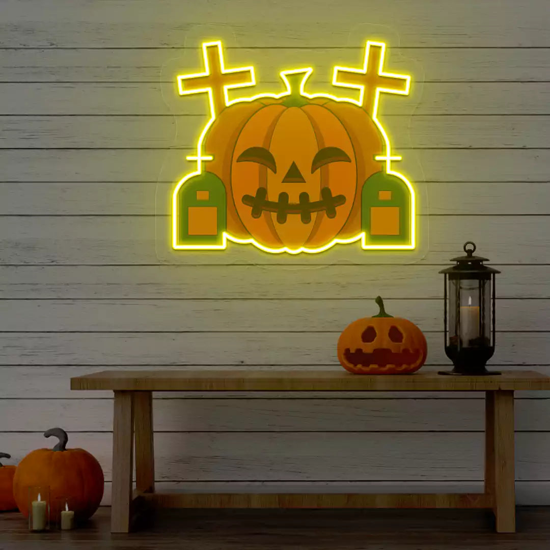 Haunted Graveyard Pumpkin Neon Artwork | yellow