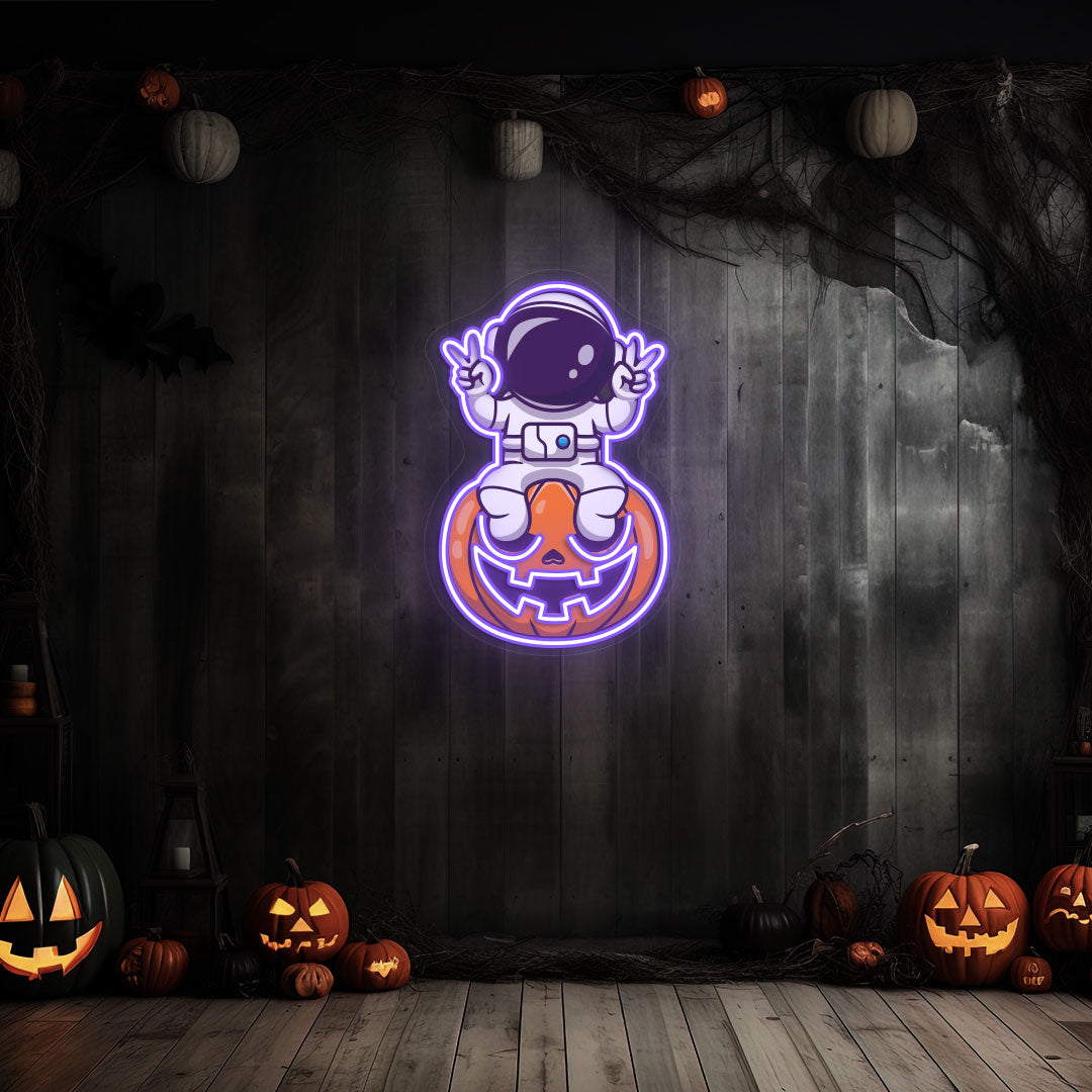 Astronaut On Pumpkin Neon Artwork | Purple