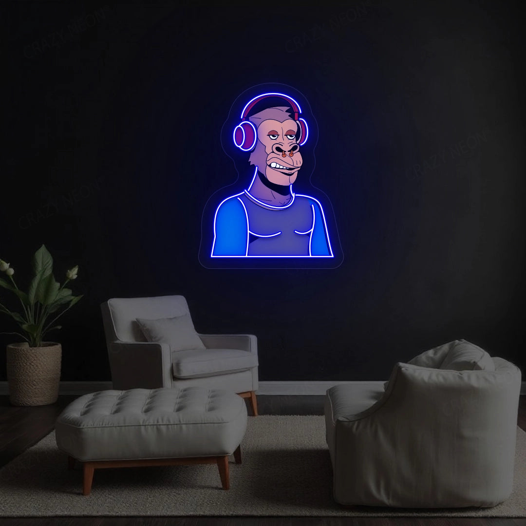 Gorilla with Headphones Artwork Neon Sign | Blue