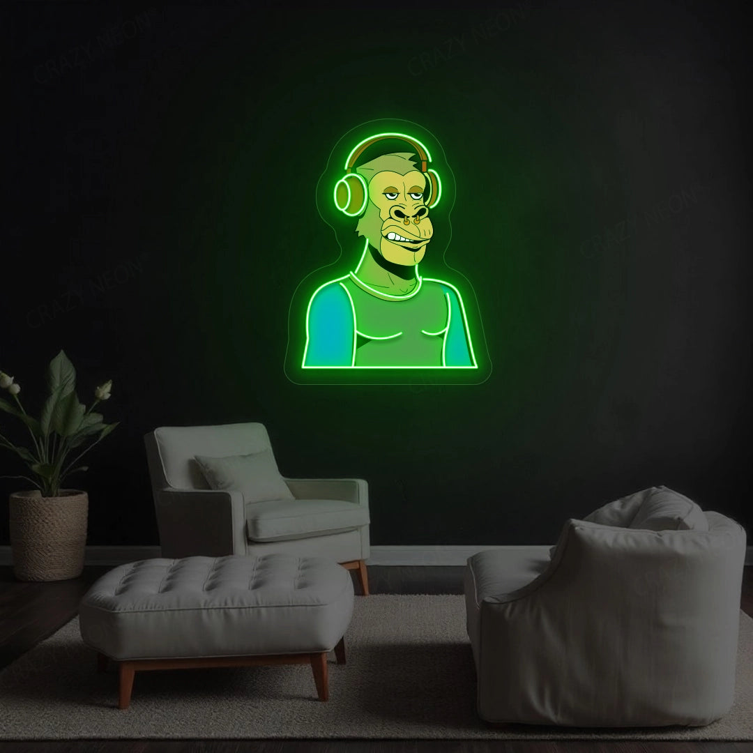 Gorilla with Headphones Artwork Neon Sign | Green