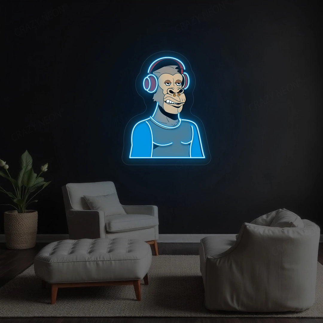 Gorilla with Headphones Artwork Neon Sign | Iceblue