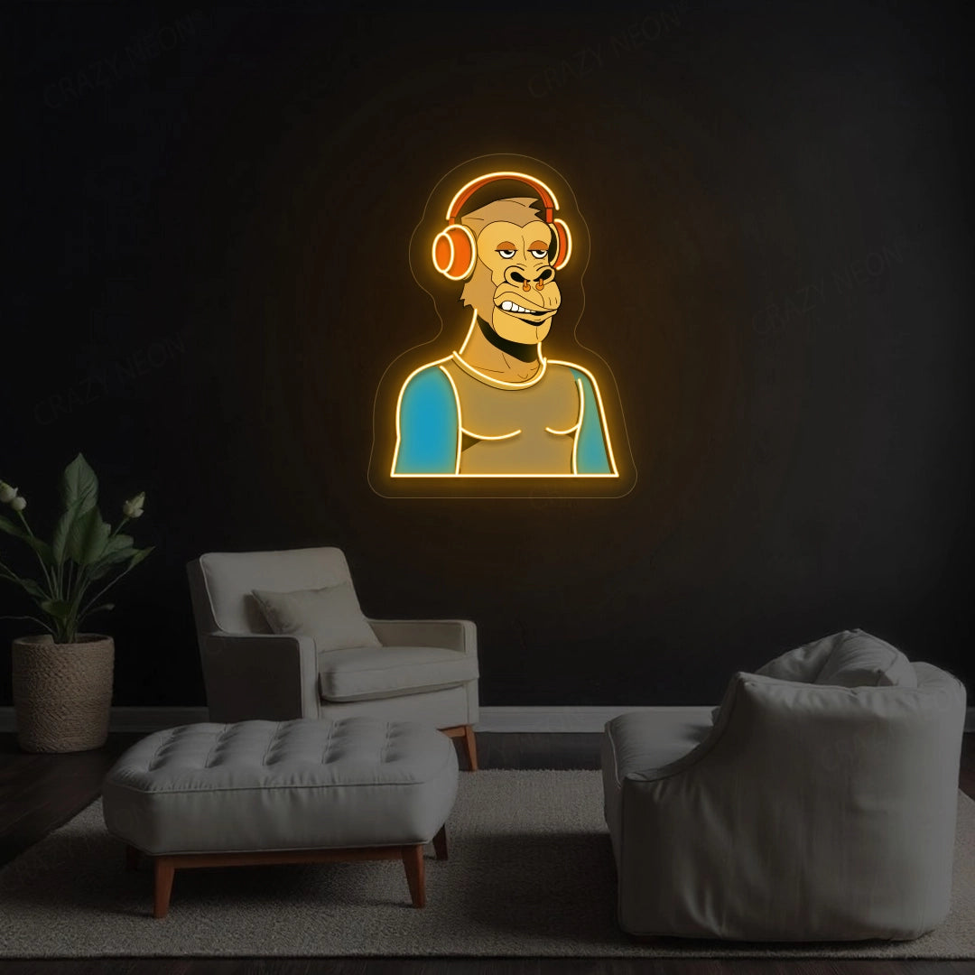 Gorilla with Headphones Artwork Neon Sign | Orange