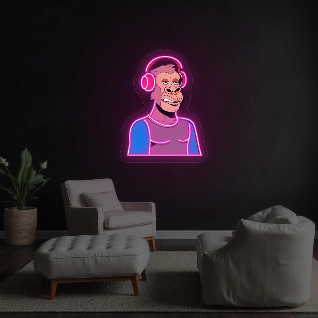 Gorilla with Headphones Artwork Neon Sign | Pink