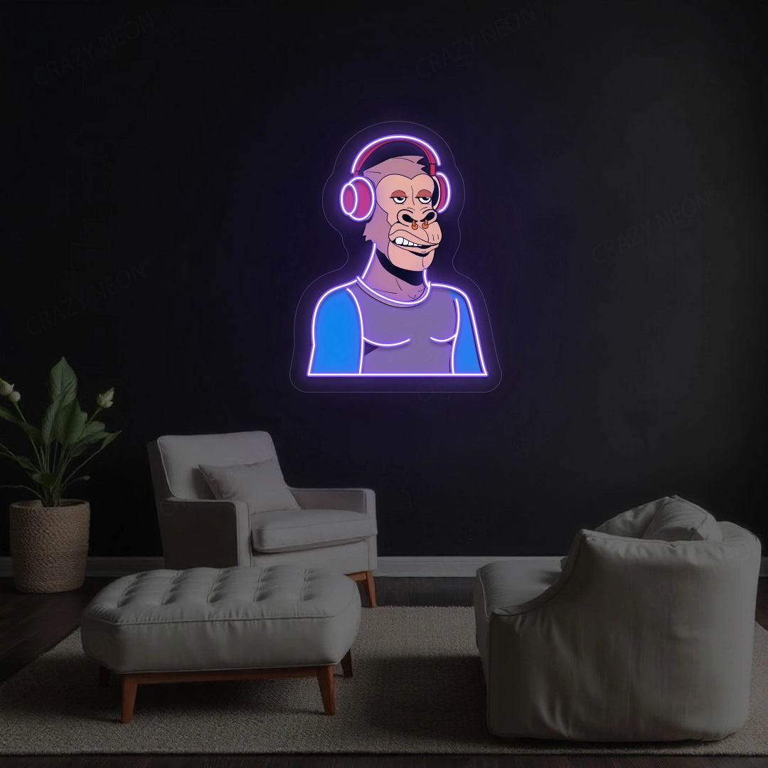 Gorilla with Headphones Artwork Neon Sign | Purple
