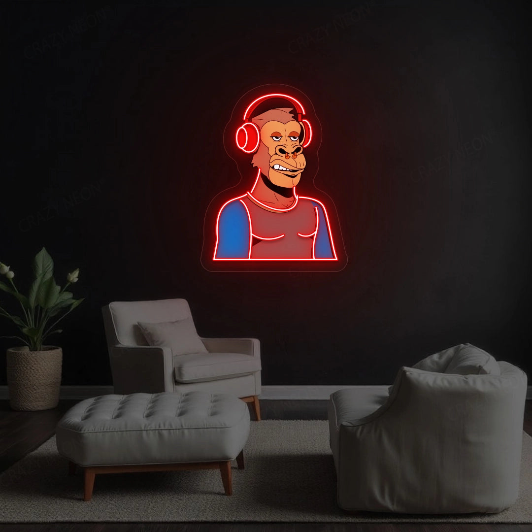 Gorilla with Headphones Artwork Neon Sign | Red