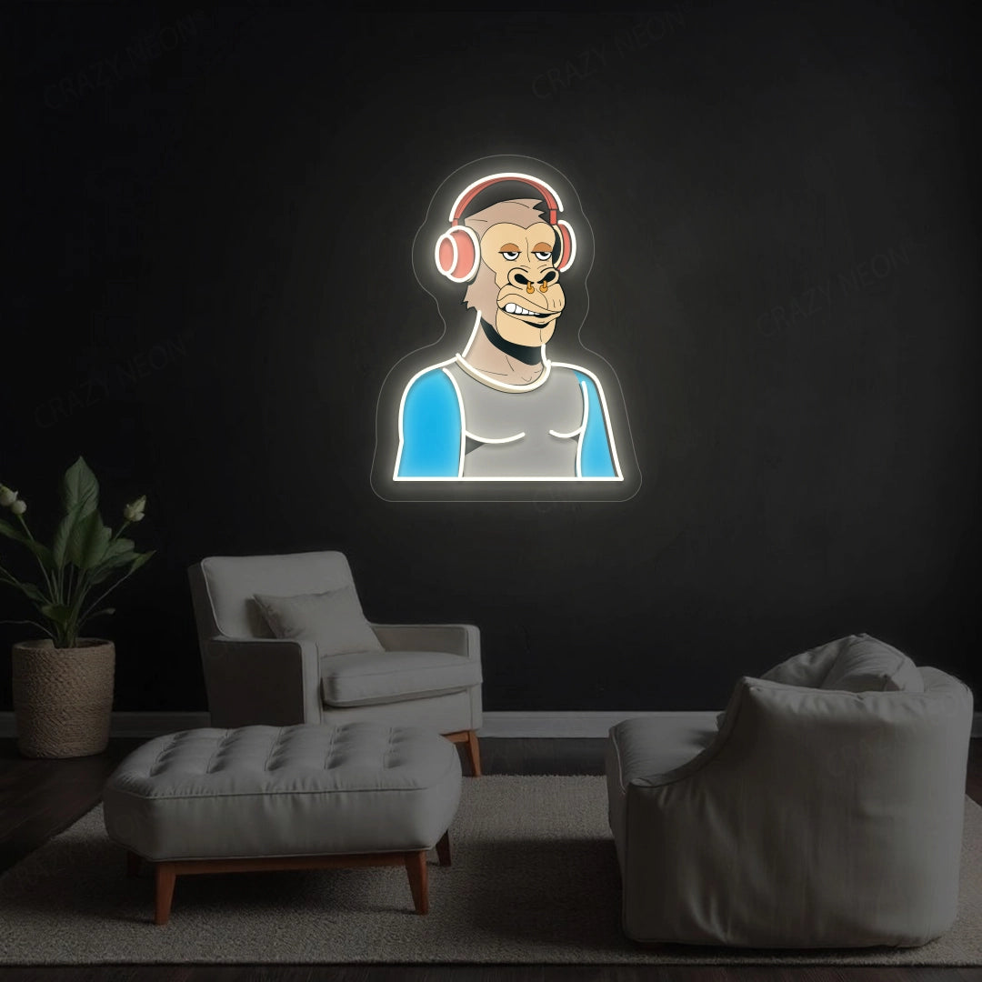 Gorilla with Headphones Artwork Neon Sign | Warmwhite