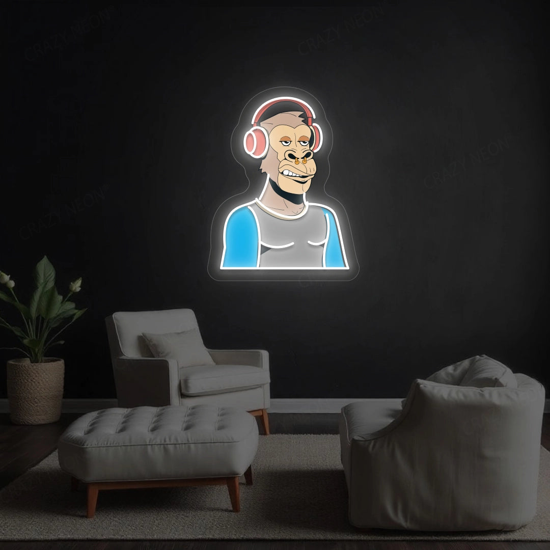 Gorilla with Headphones Artwork Neon Sign | White