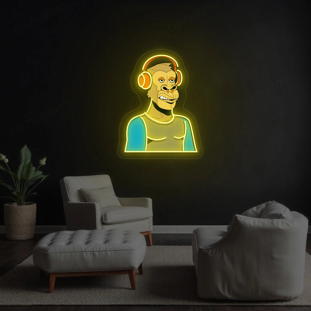 Gorilla with Headphones Artwork Neon Sign | Yellow
