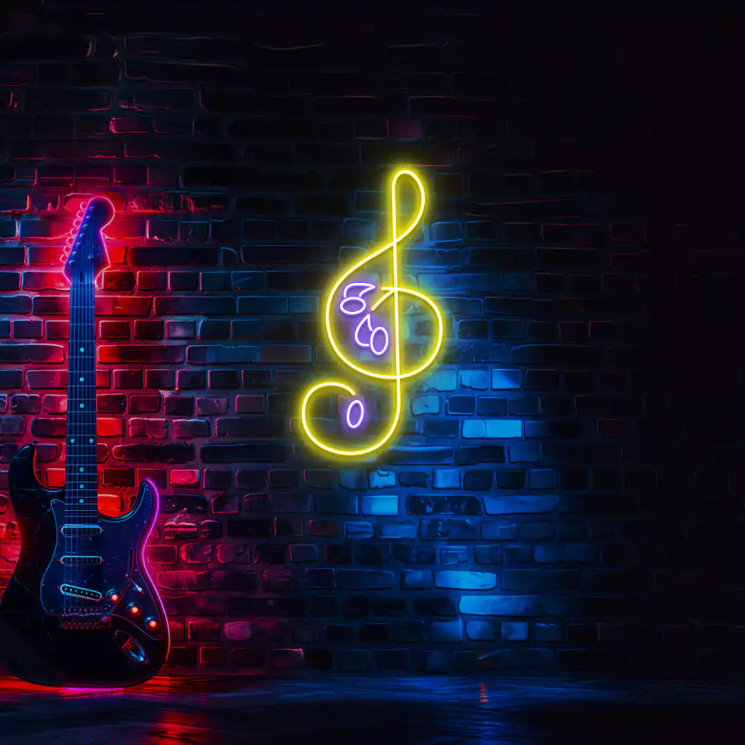 ClefGlow Neon Sign in Yellow and purple colour Mounted on Wall