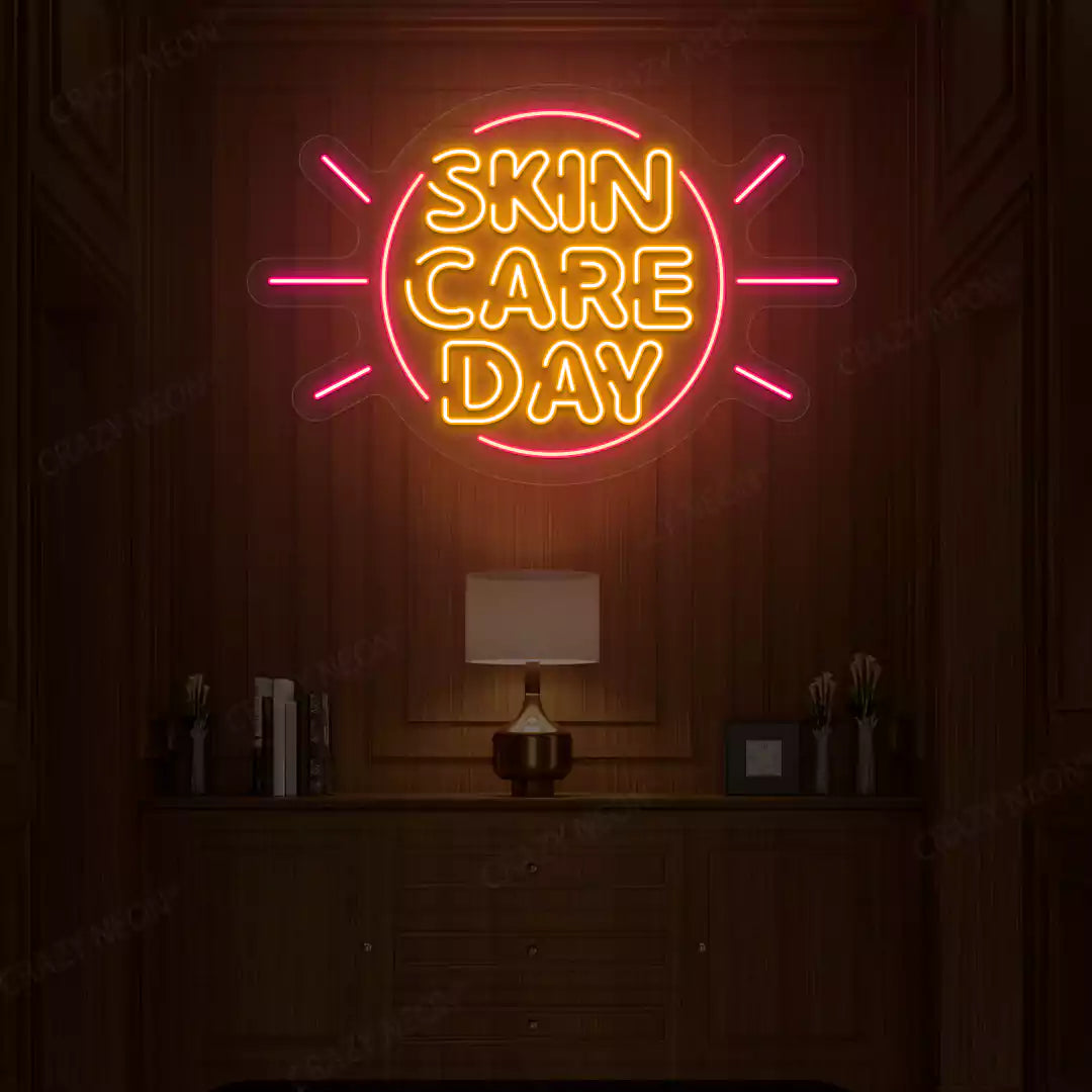 Orange and pink Skin Care Day neon sign glowing on a wooden wall