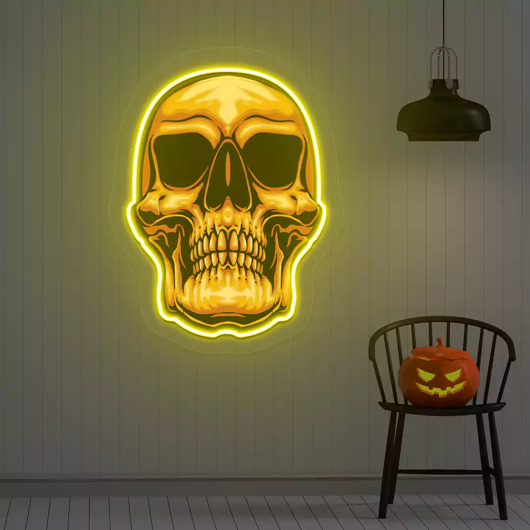 Golden Skull Neon Artwork | Yellow