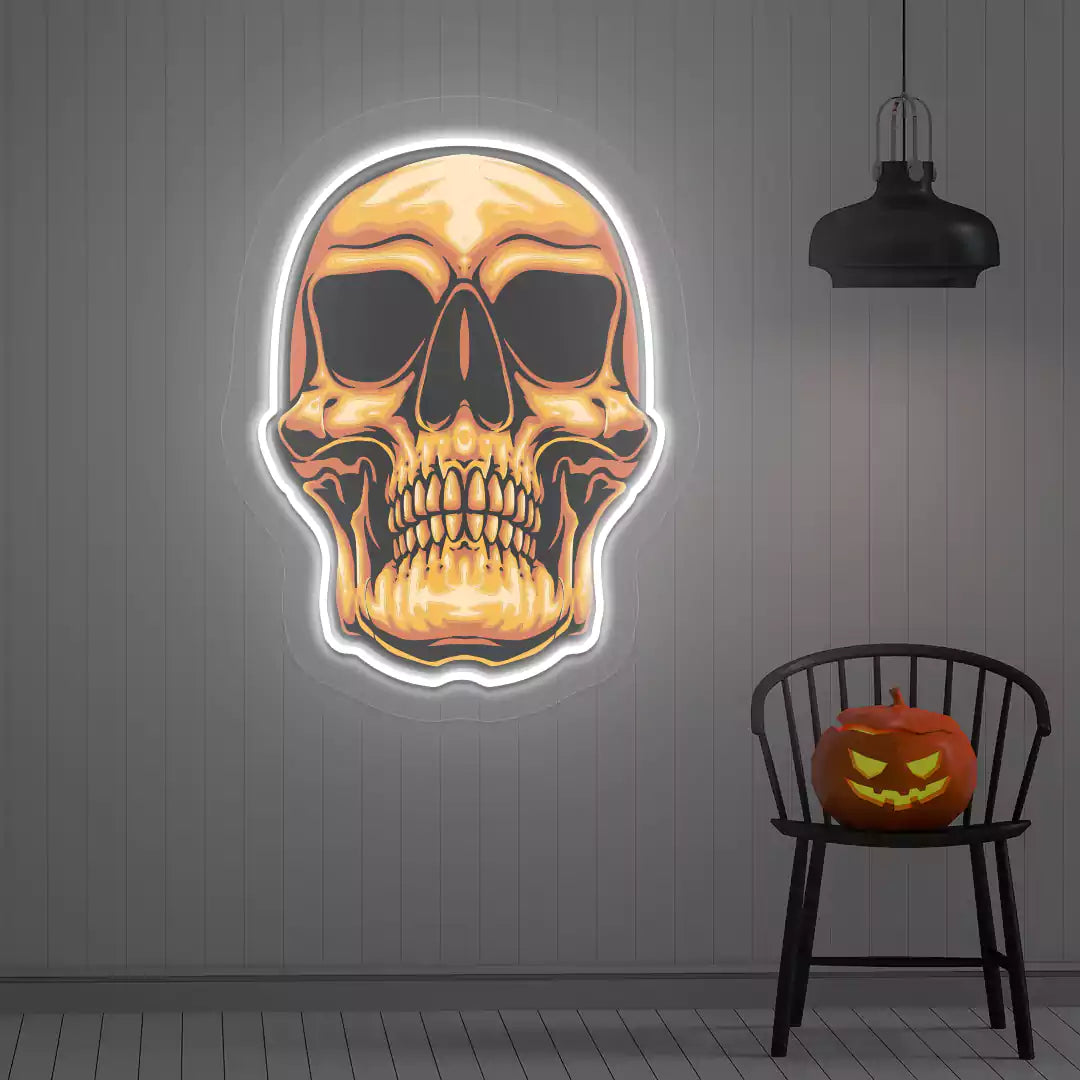 Golden Skull Neon Artwork | White