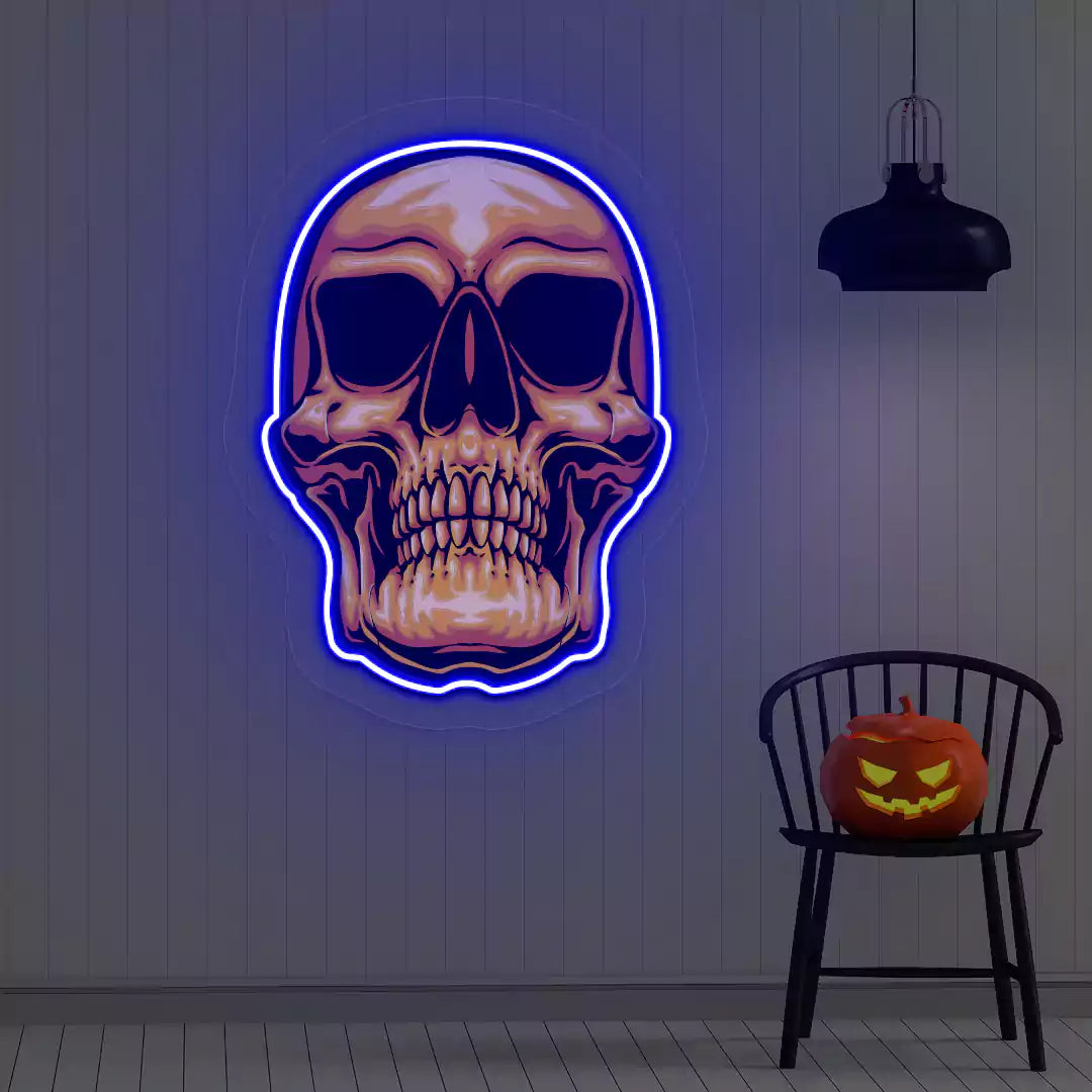 Golden Skull Neon Artwork | Blue