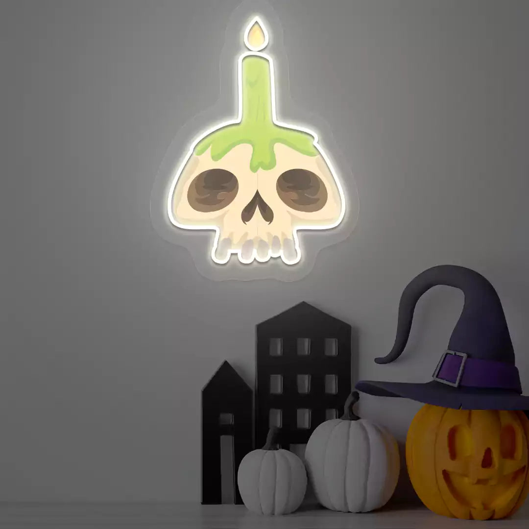 Cursed Candle Skull Neon Artwork | White