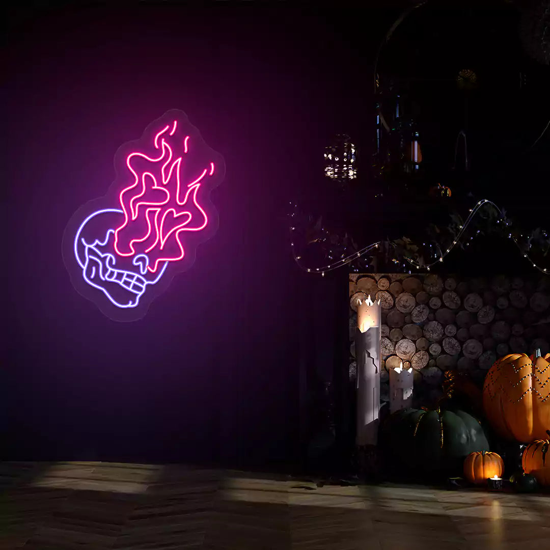Flame-Eyed Skull Neon Sign | Purple