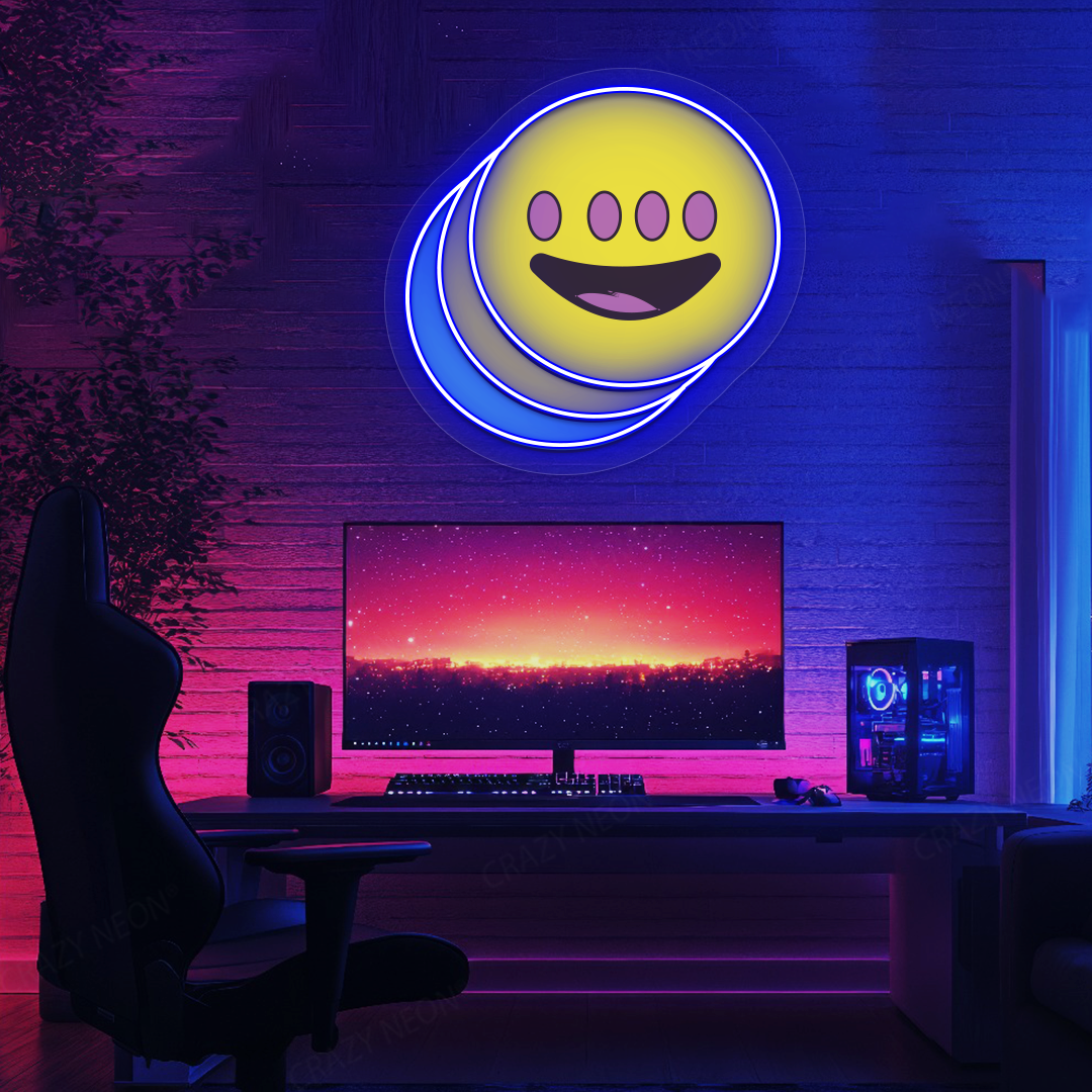 Quad-Eye Happy Face Neon Artwork | Blue