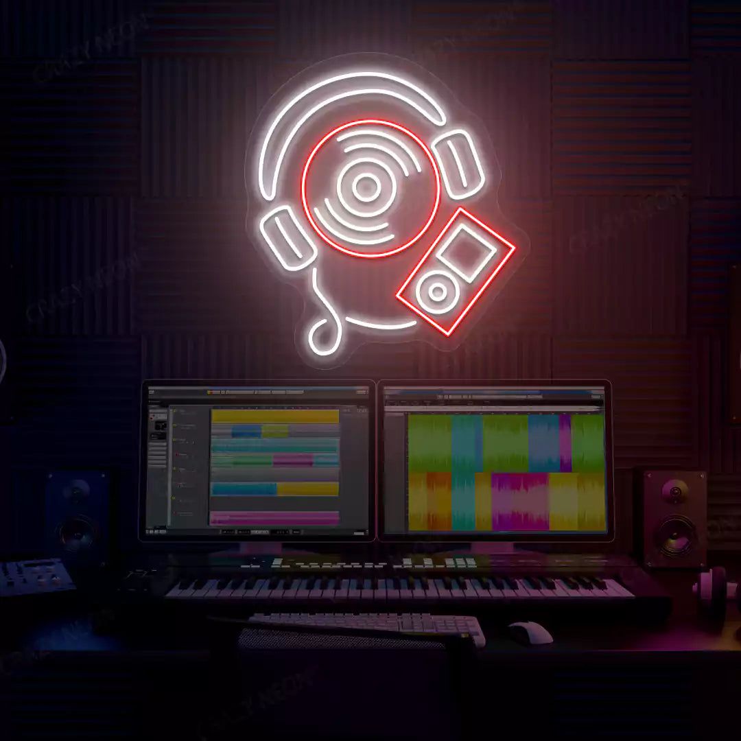 red and white dj headphones neon sign