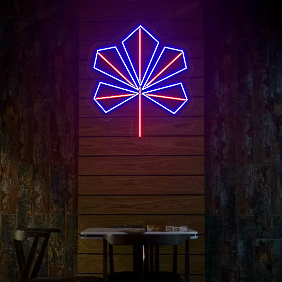 Geometric maple leaf neon sign in blue and red