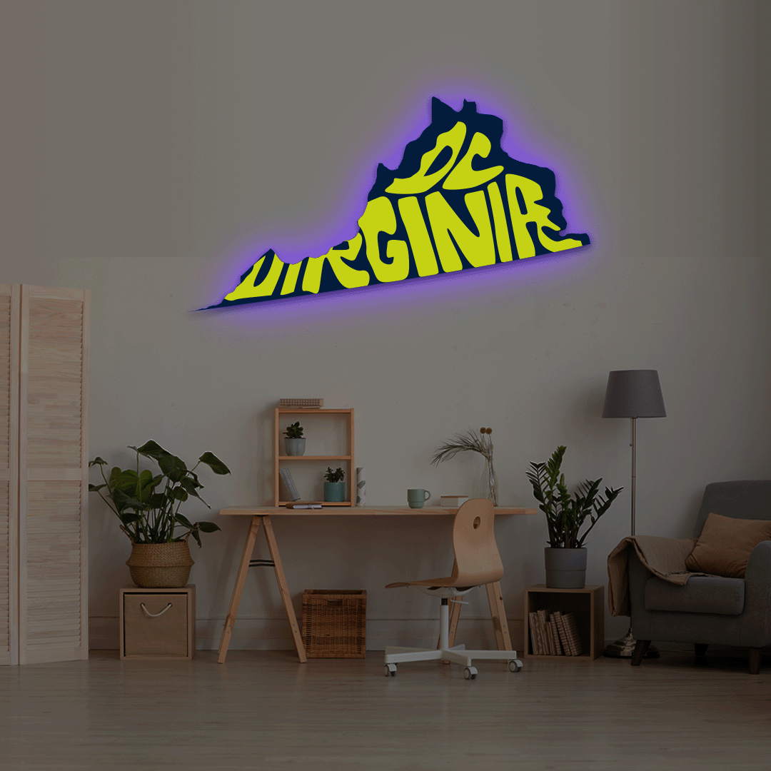 Virginia map backlit metal wall art vinyl print with RGB color changing LED backlight