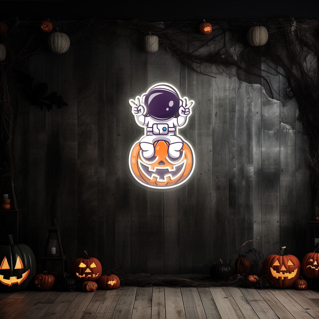 Astronaut On Pumpkin Neon Artwork | Warmwhite