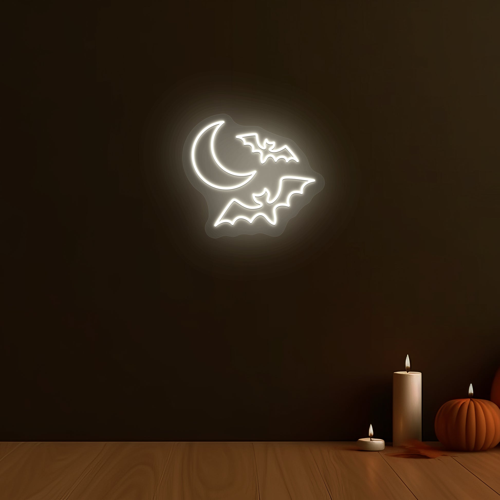 Moon and Bats Neon Sign | White