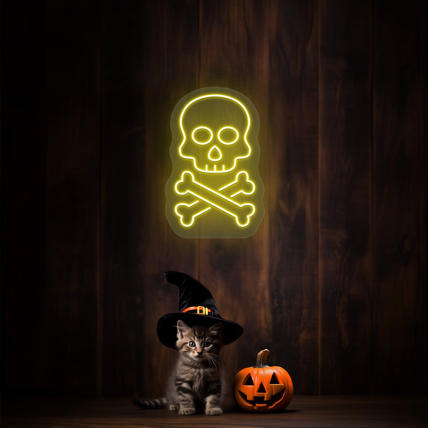 Skull With Bones Neon Sign | Yellow