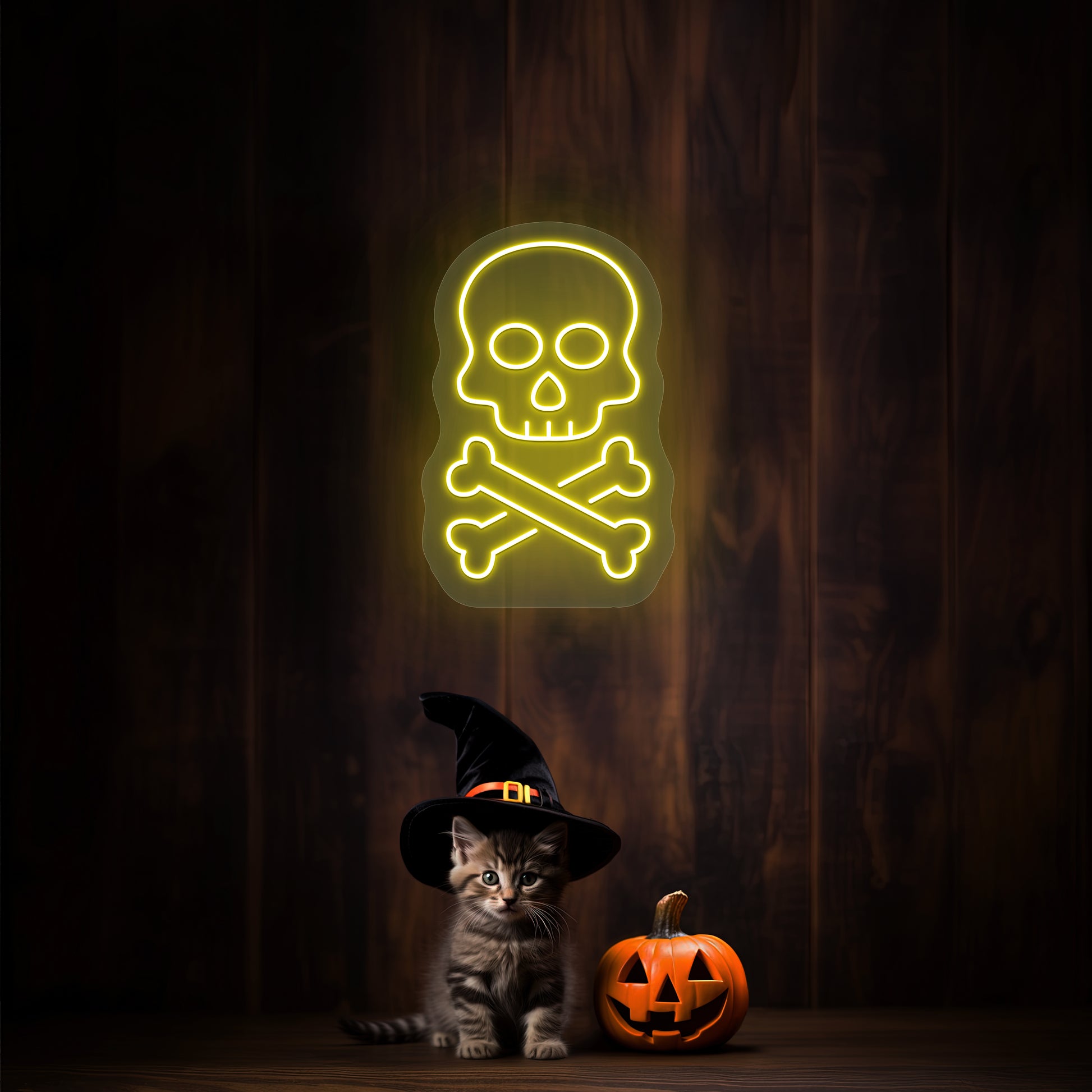 Skull With Bones Neon Sign | Yellow