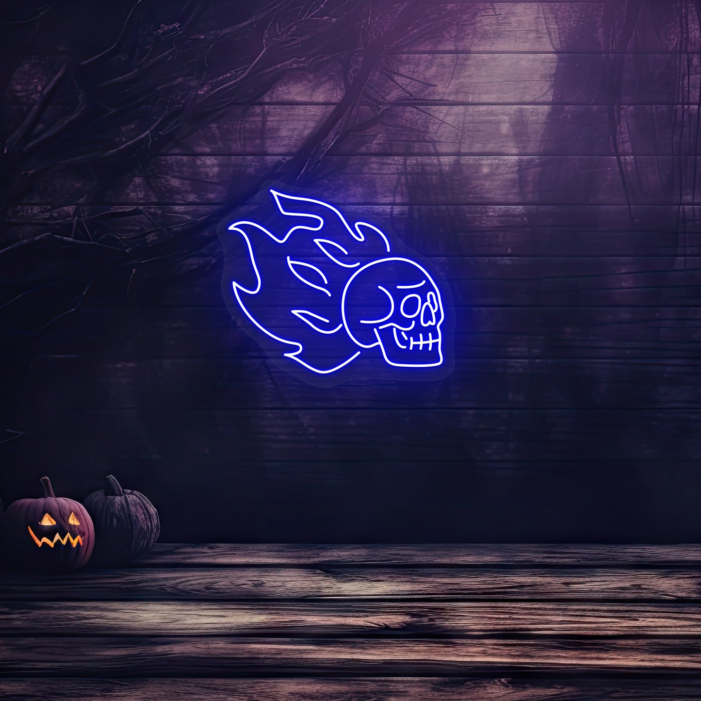 Skull On Fire Neon Sign | Blue