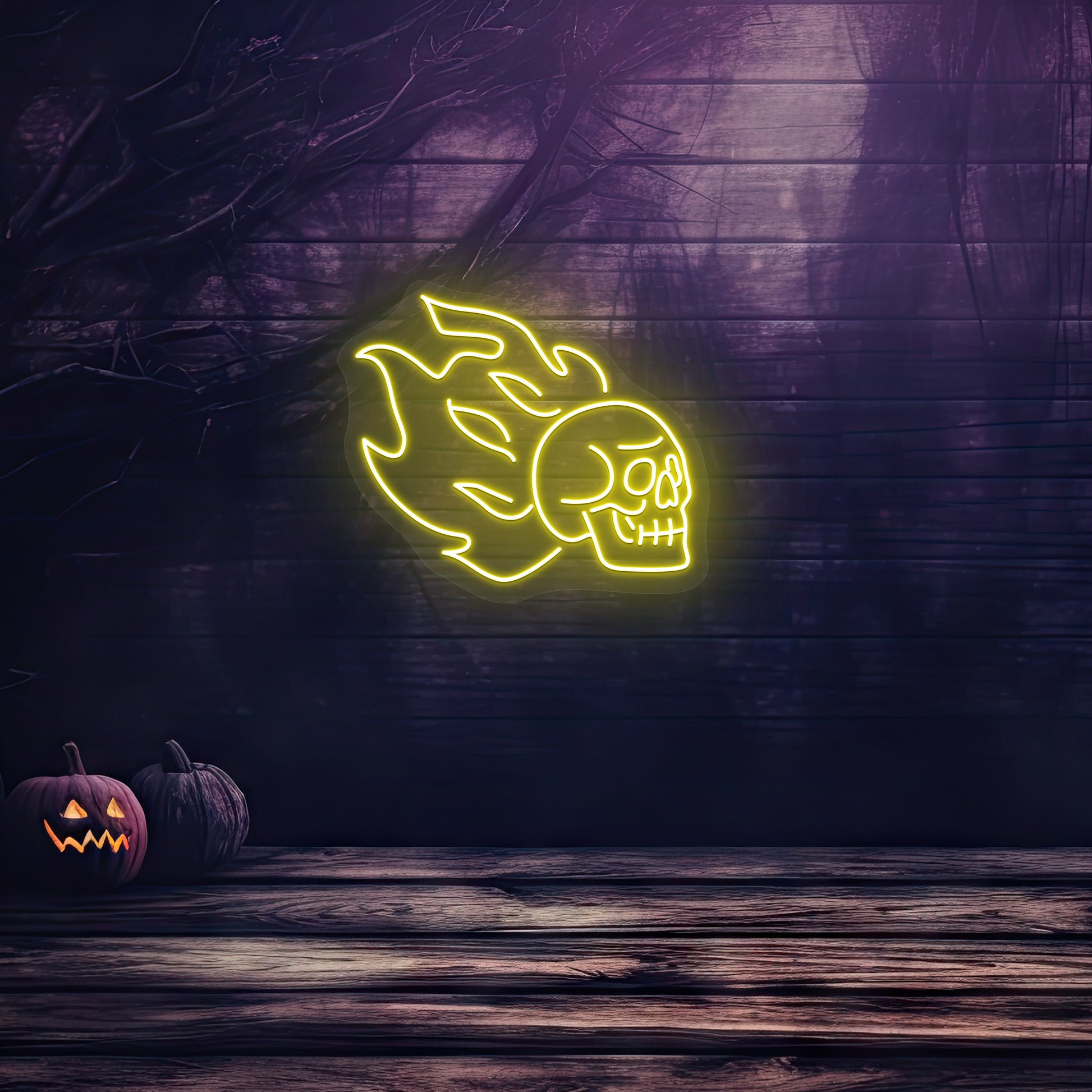 Skull On Fire Neon Sign | Yellow