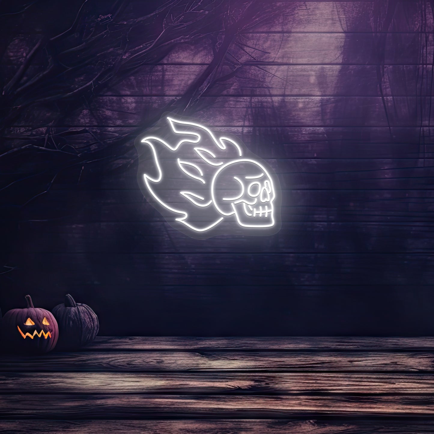 Skull On Fire Neon Sign | White