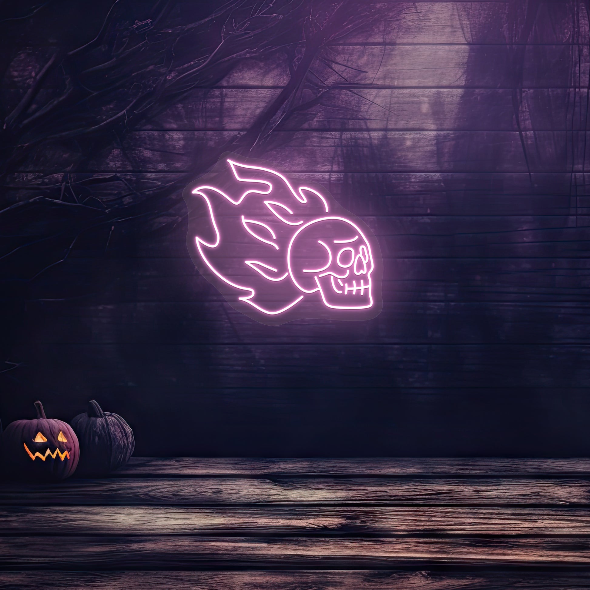 Skull On Fire Neon Sign | Pink