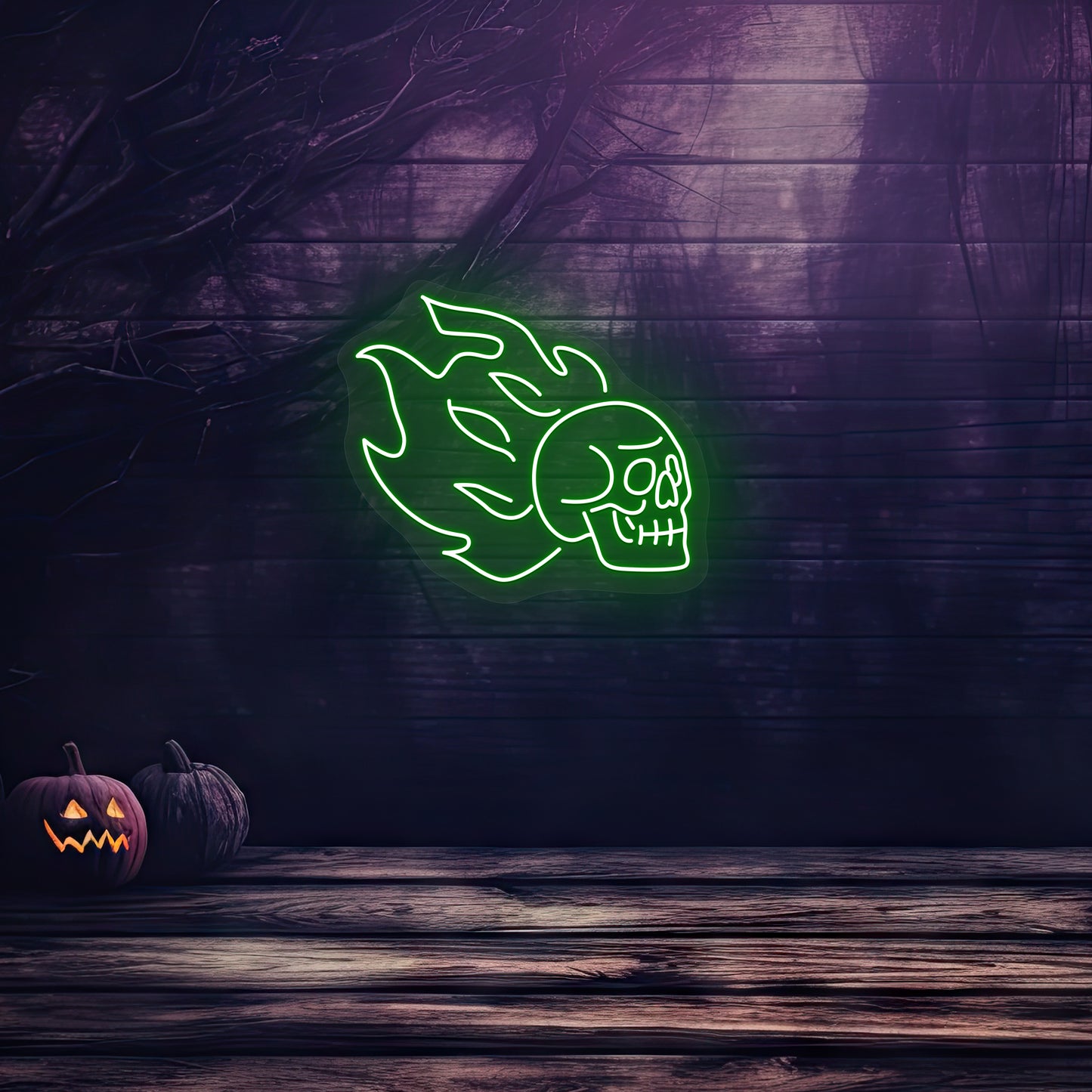 Skull On Fire Neon Sign | Green
