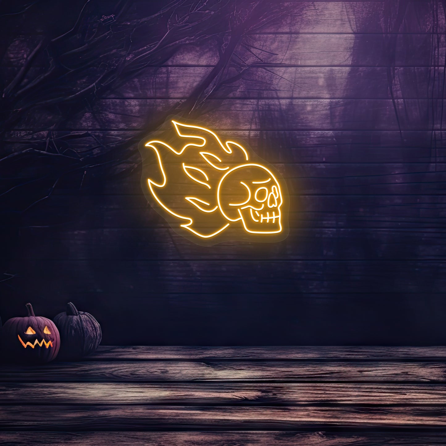 Skull On Fire Neon Sign | Orange