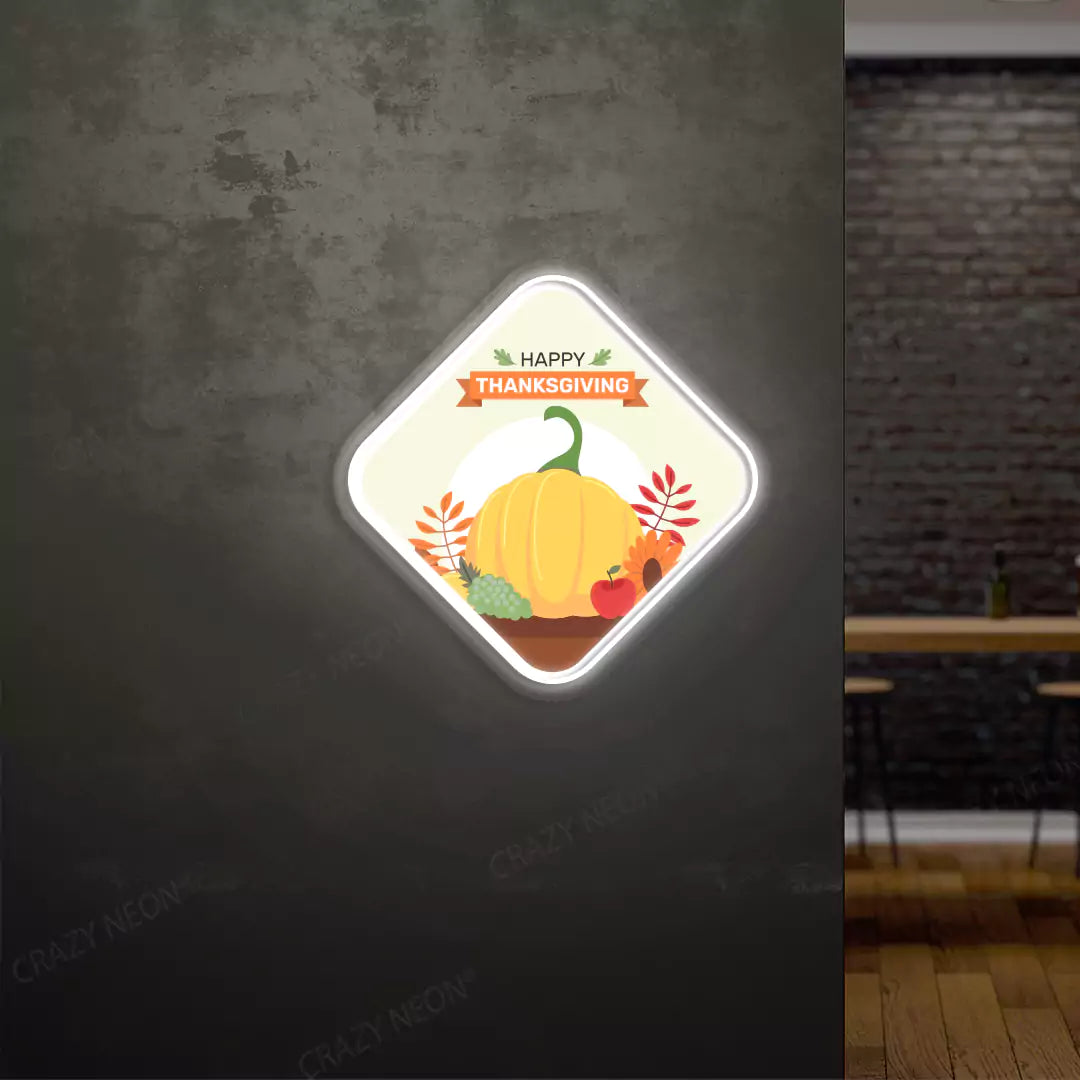 Happy thanksgiving pumpkin and fruits neon sign in white