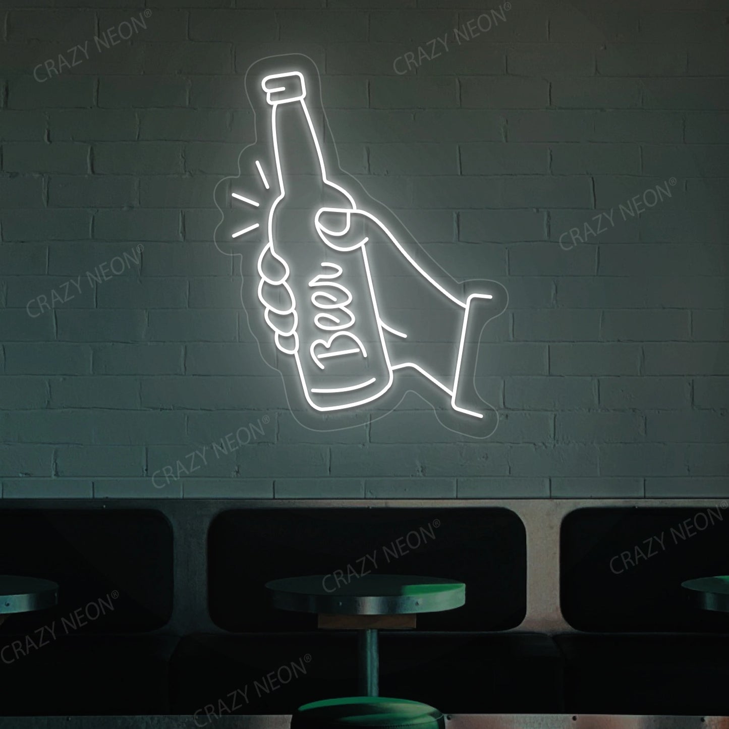 Hand Holding A Beer Neon Sign | White