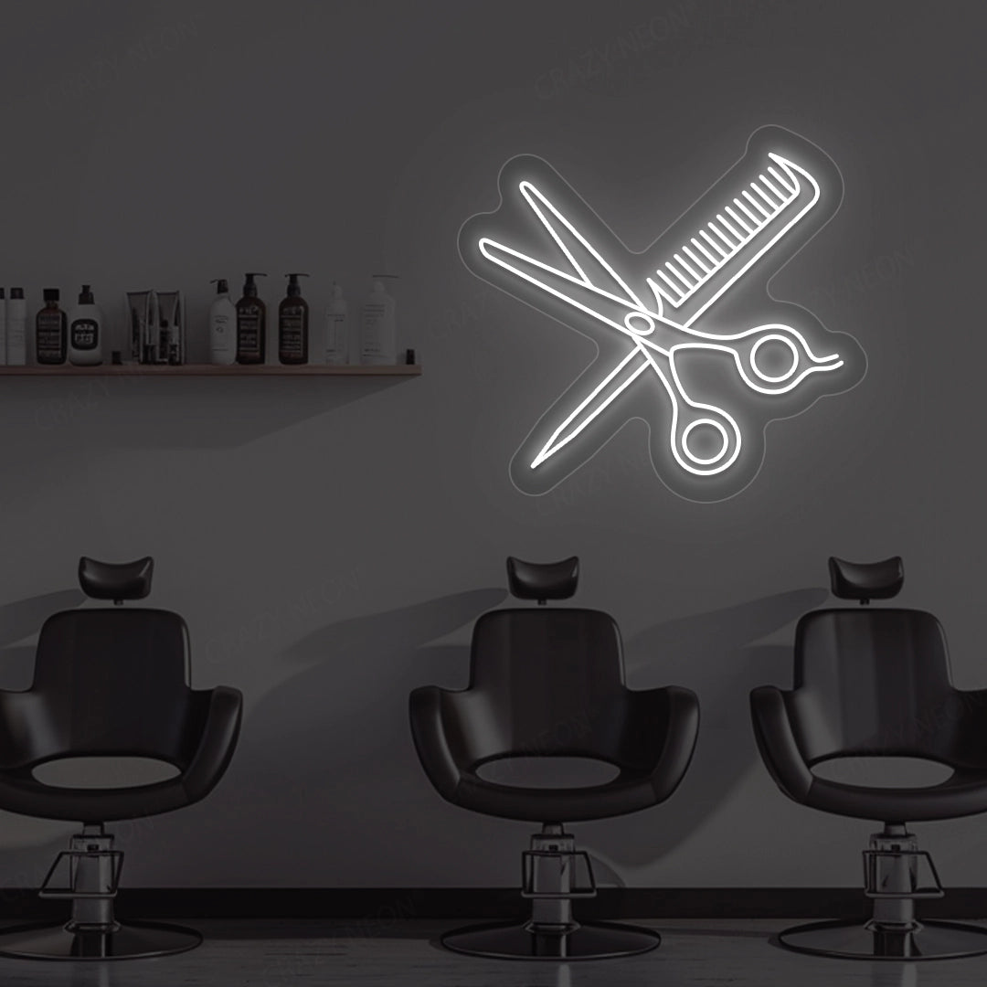 Scissors Comb Neon Sign | White