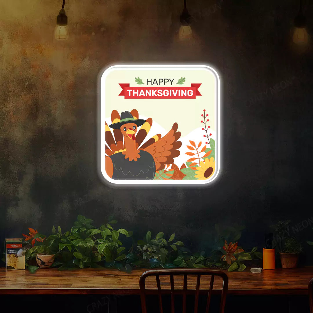 Turkey pilgrim happy thanksgiving neon sign in white