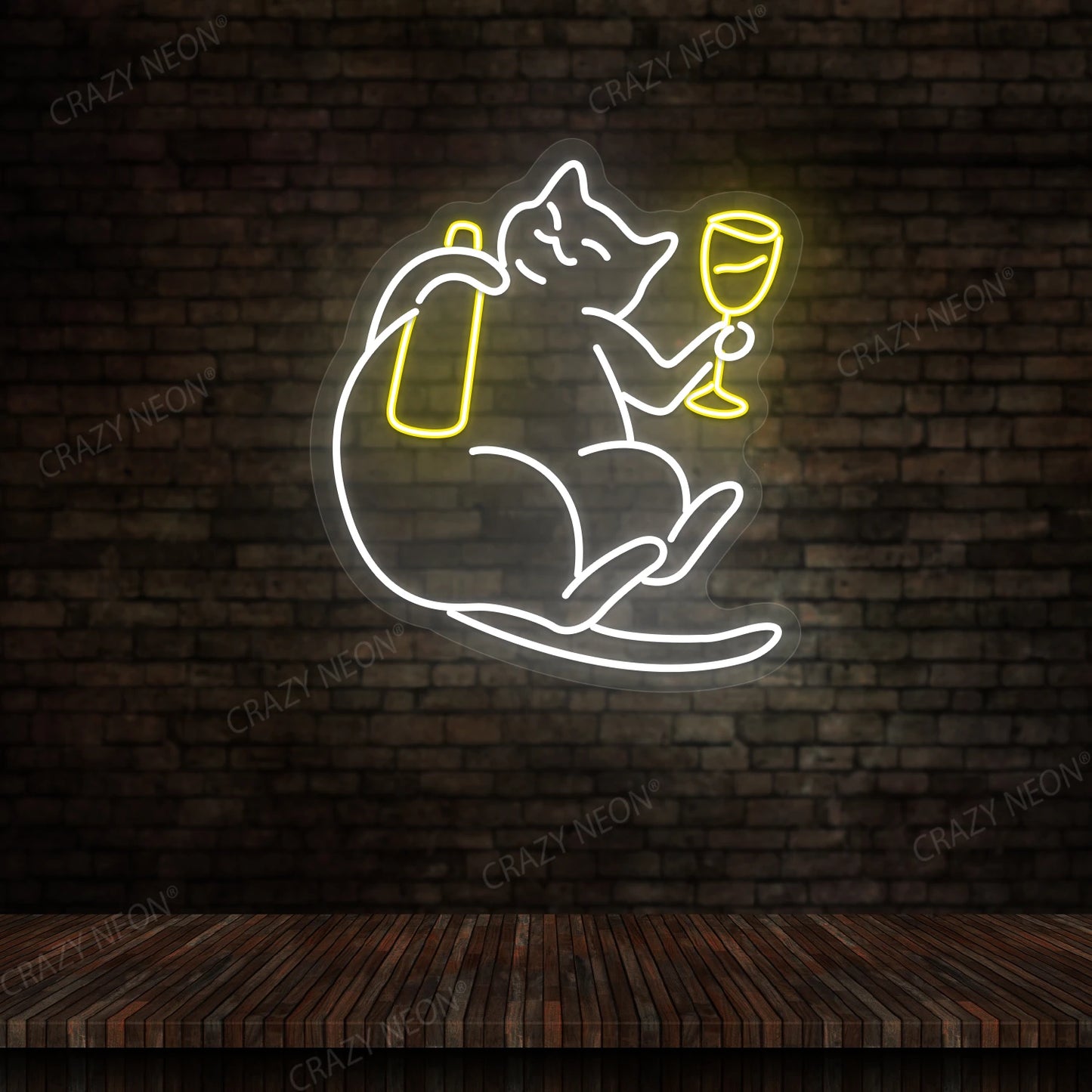 Cat Drinking Wine Multicolor Neon Sign | Yellow