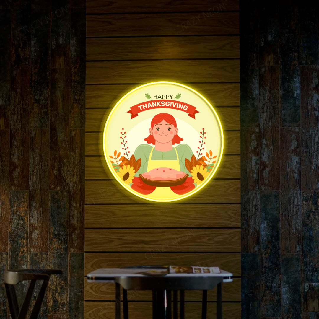 Thanksgiving pie with red-haired chef neon sign in yellow