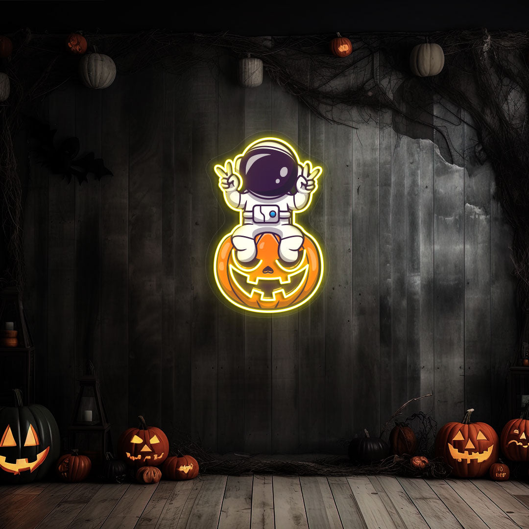 Astronaut On Pumpkin Neon Artwork | Yellow