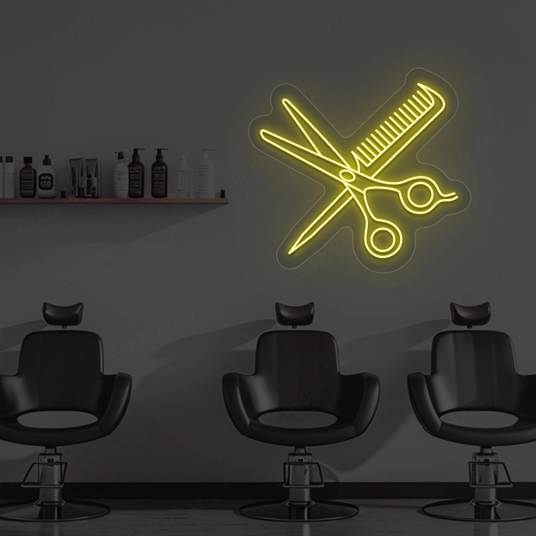 Scissors Comb Neon Sign | Yellow