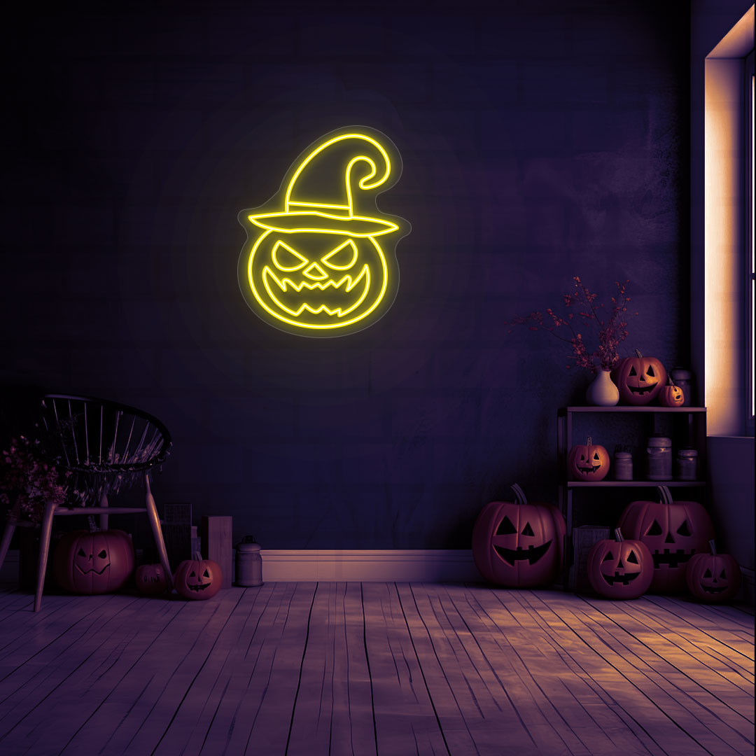Angry Pumpkin With Hat Neon Sign | Yellow