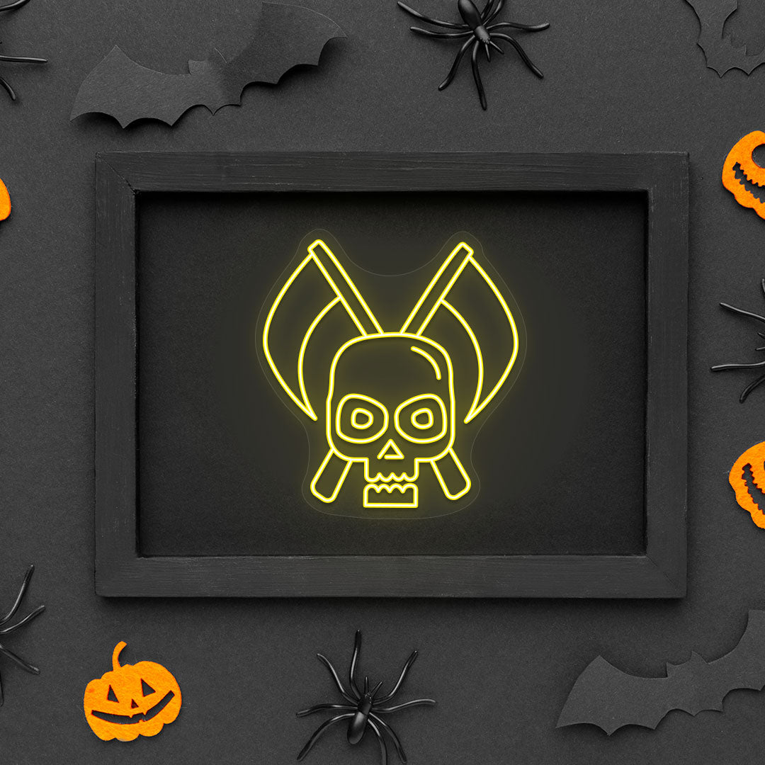 Skull With Scythe Neon Sign | Yellow