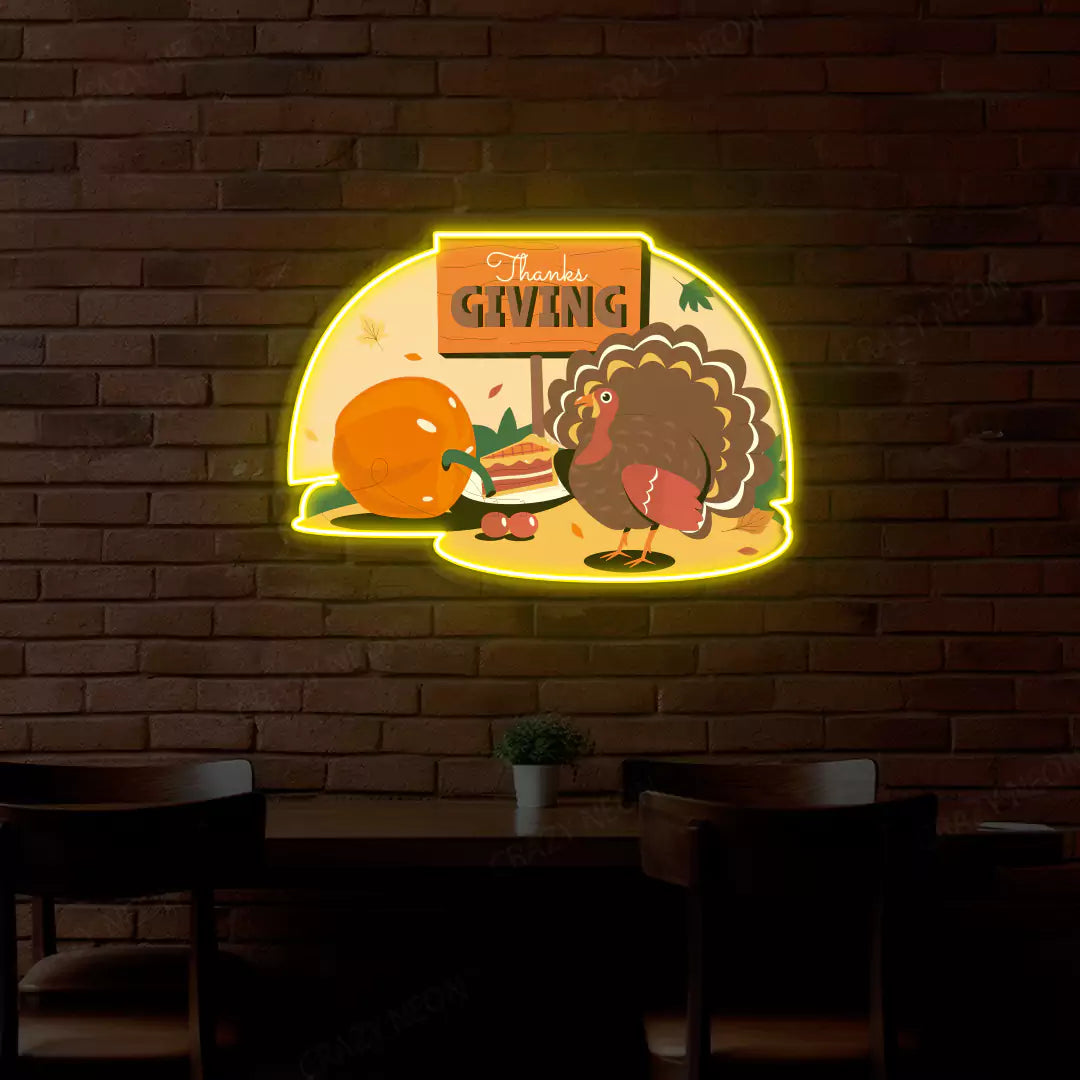 Thanksgiving turkey and pumpkin feast neon sign in yellow